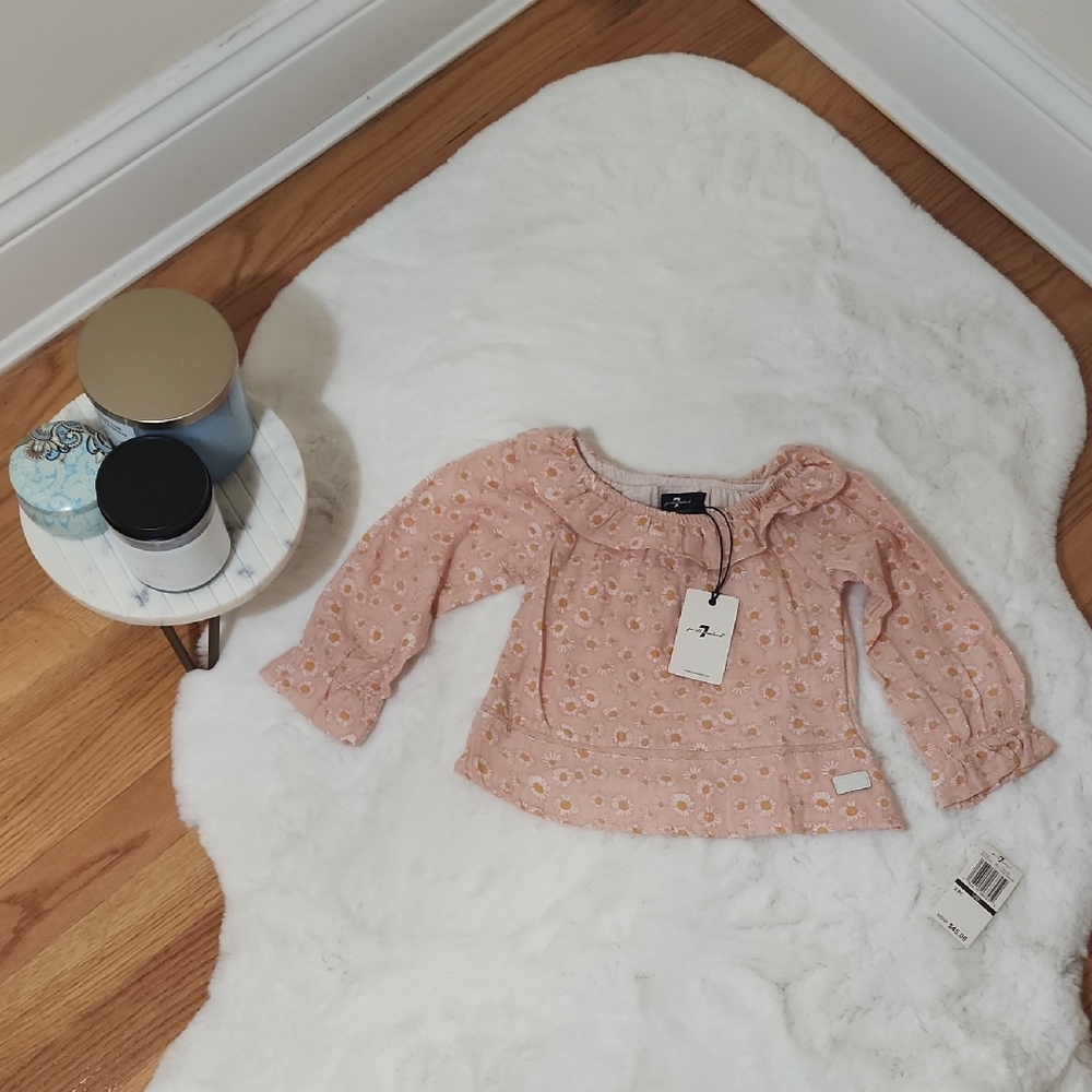 7 For All Mankind Girls Size 18 Months Rose Peach Floral Blouse Ling Sleeves NWT